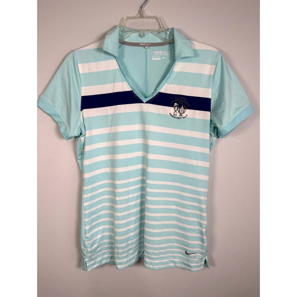 Nike Golf Womens Top Medium US Open Championship Shirt Short Sleeve Striped Blue